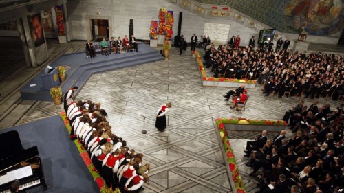 2010年诺贝尔和平奖颁奖典礼现场，主席台上的空椅子是留给刘晓波的（2010年12月10日）